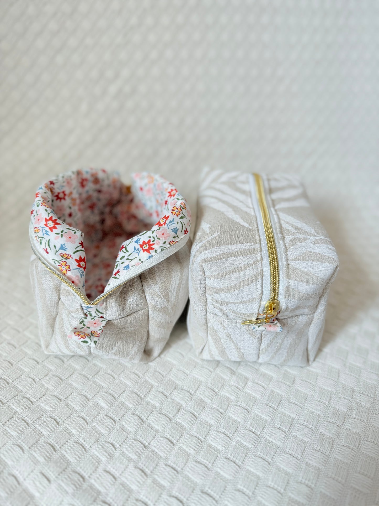 Trousse coton jacquard beige imprimé feuille de palmier