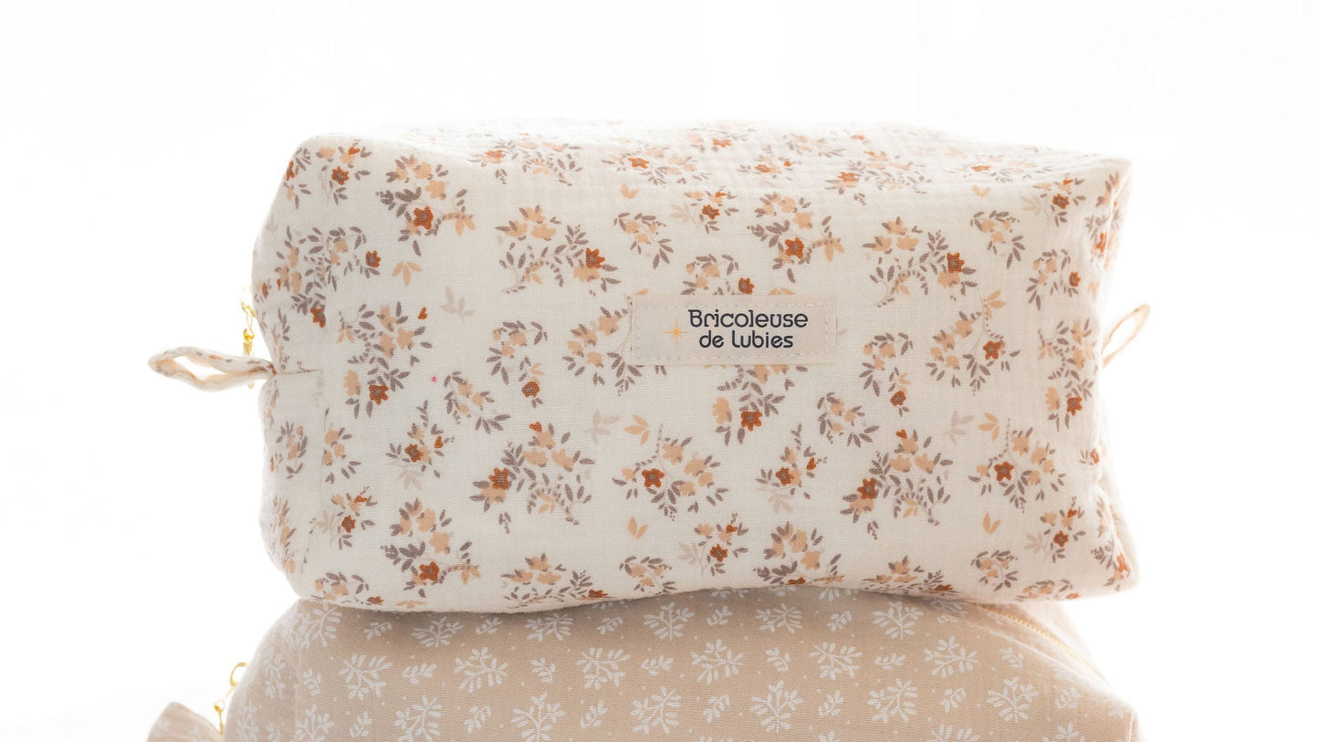 Trousse gaze de coton crème fleuri